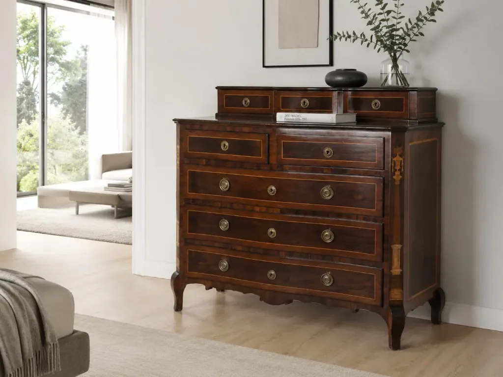 Cómoda Carlos IV de madera de nogal y marquetería