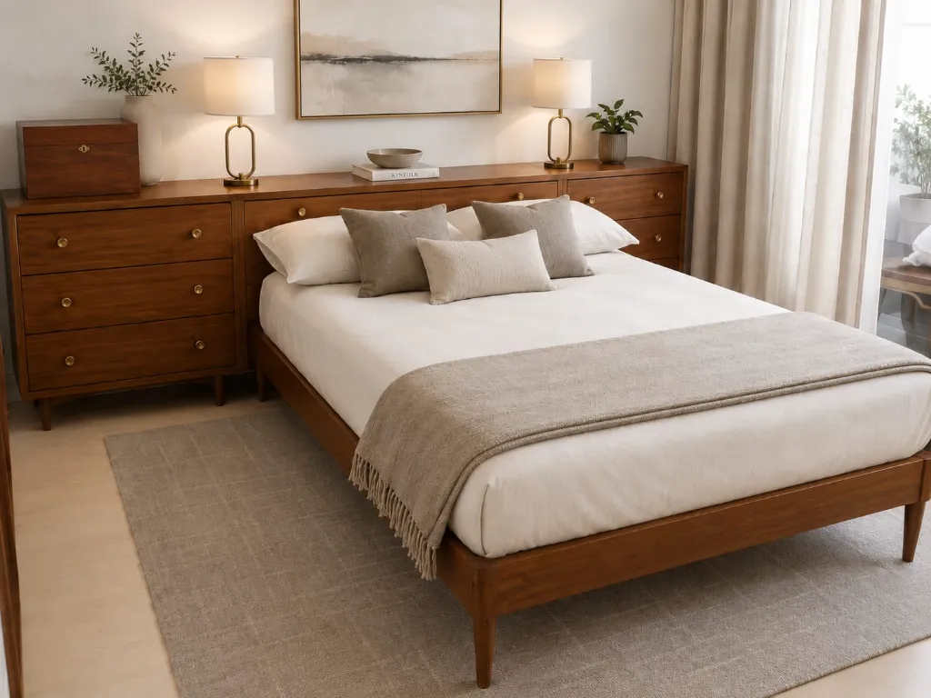 Dormitorio de madera de haya con dos mesillas + cómoda + mantero + cama