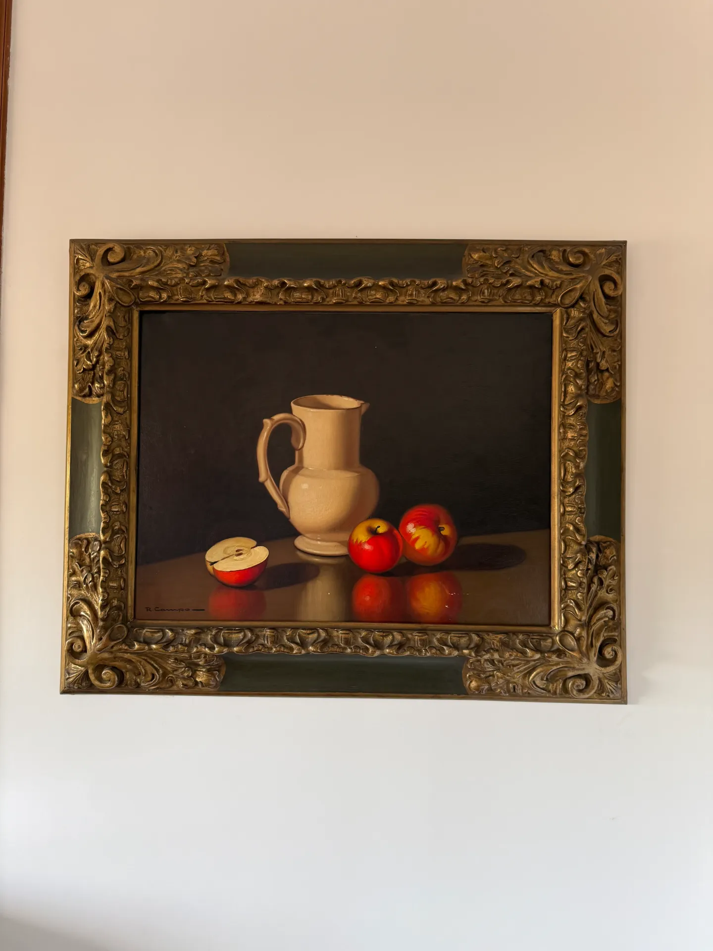 "Bodegón con jarra y manzanas" Rosalía Campo, óleo sobre lienzo. Mitad del siglo XX