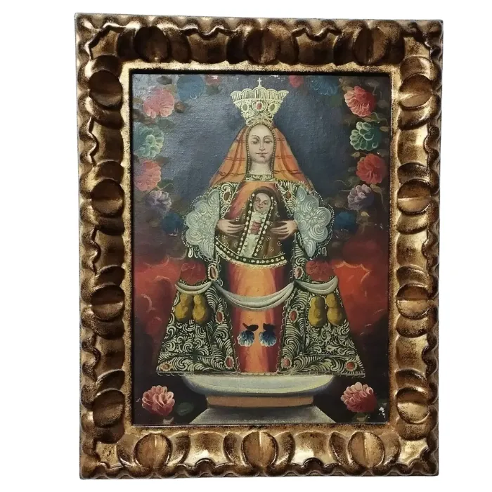 Óleo Virgen Colonial con marco de oro fino tallado a mano