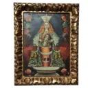 Óleo Virgen Colonial con marco de oro fino tallado a mano