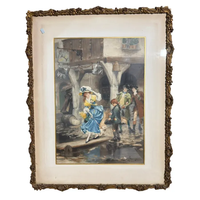 Acuarela napoleónica con señorita y niño