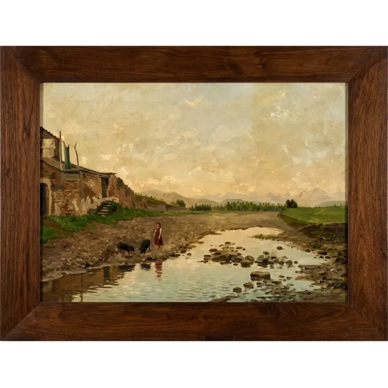 Óleo "Paisaje rural y niña cuidando cerdos"