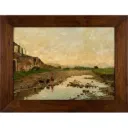Óleo "Paisaje rural y niña cuidando cerdos"